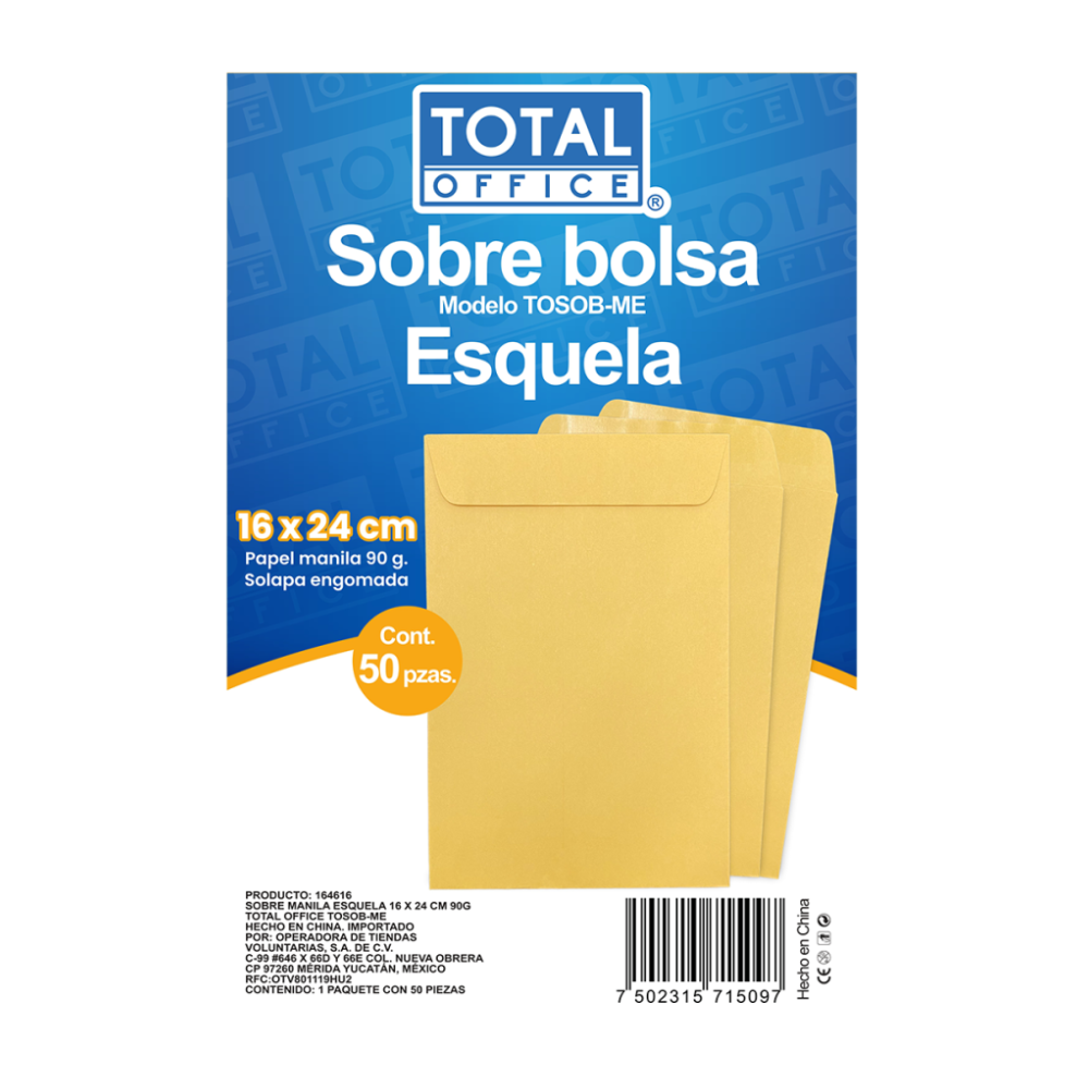 Sobre Manila Esquela 16 x 24 cm 90grs 50 piezas Total Office