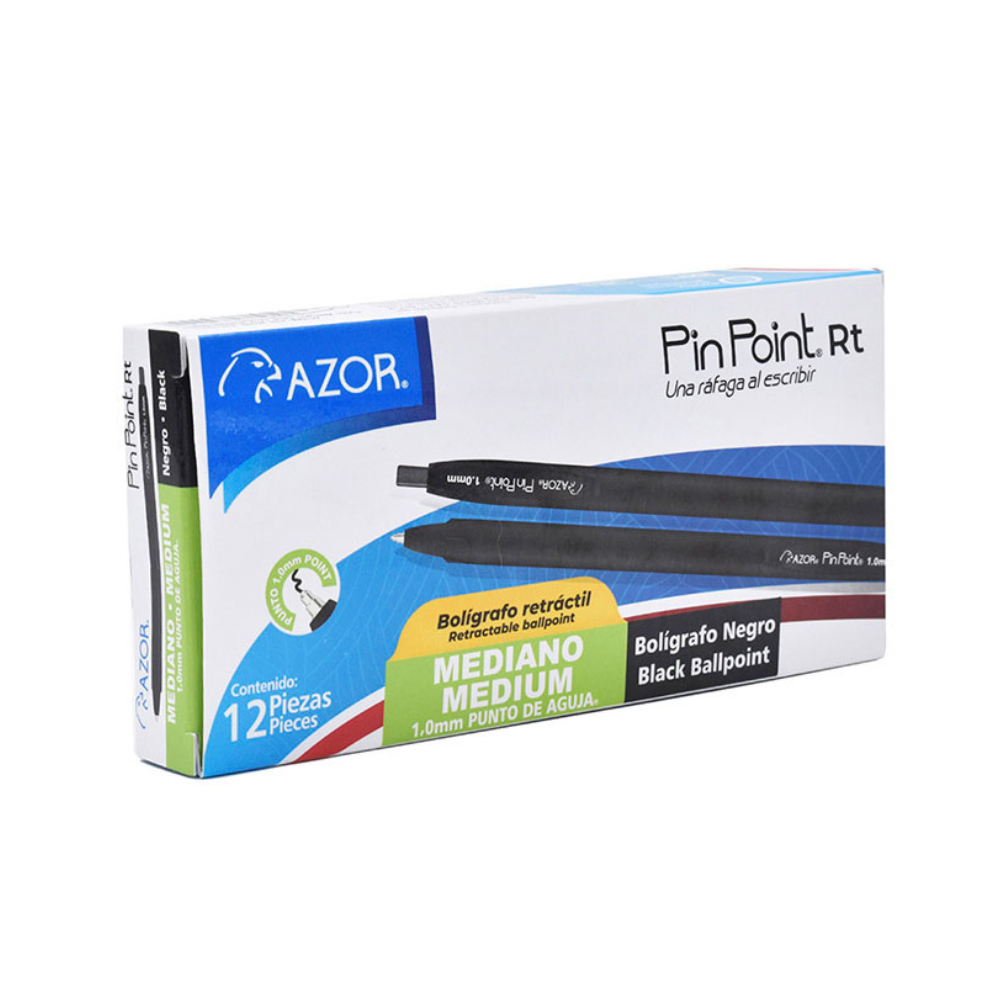 Bolígrafo Punto Medio Retráctil Negro 12 piezas Pin Point Azor