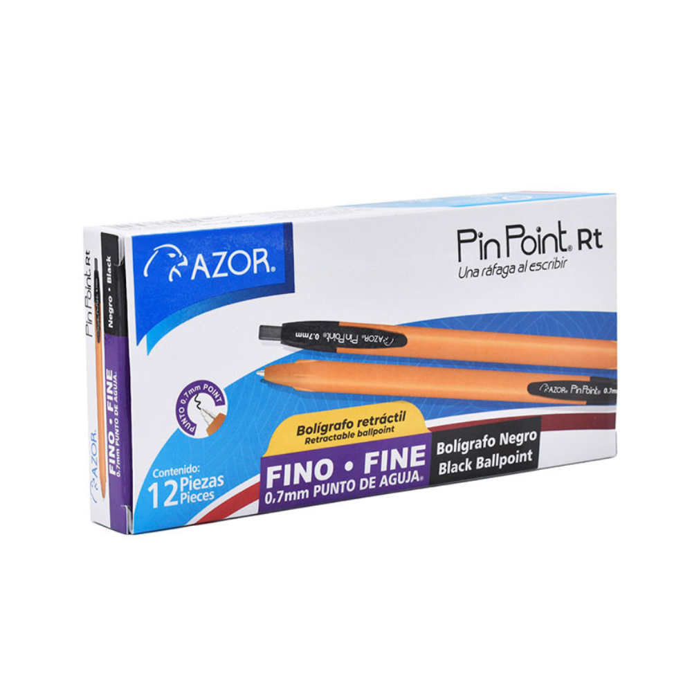 Bolígrafo Punta Fina Retractil Negro 12 piezas Pin Point Azor