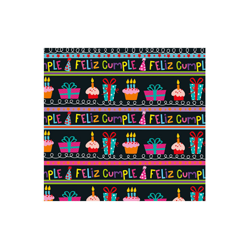 Papel de Regalo Feliz Cumple Fondo Negro 70 x 50 cm Pliego 10 piezas Creear