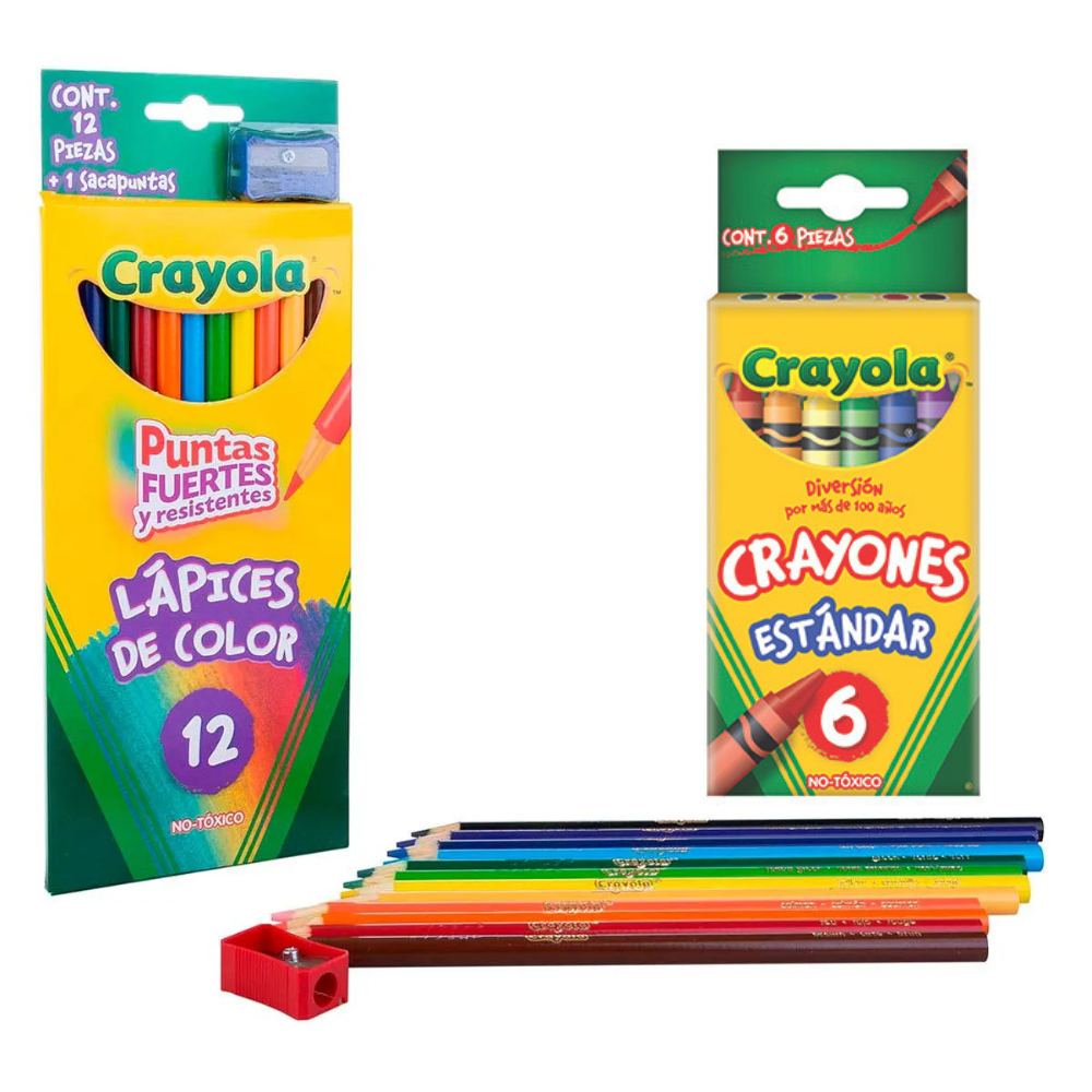 Colores Largos Redondos C/12 piezas + Crayones Crayola Binney