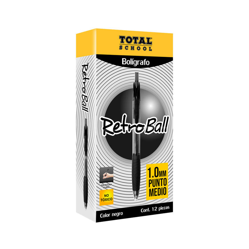 Boligrafo RetroBall Punto Medio Negro Total School C/12 pzas