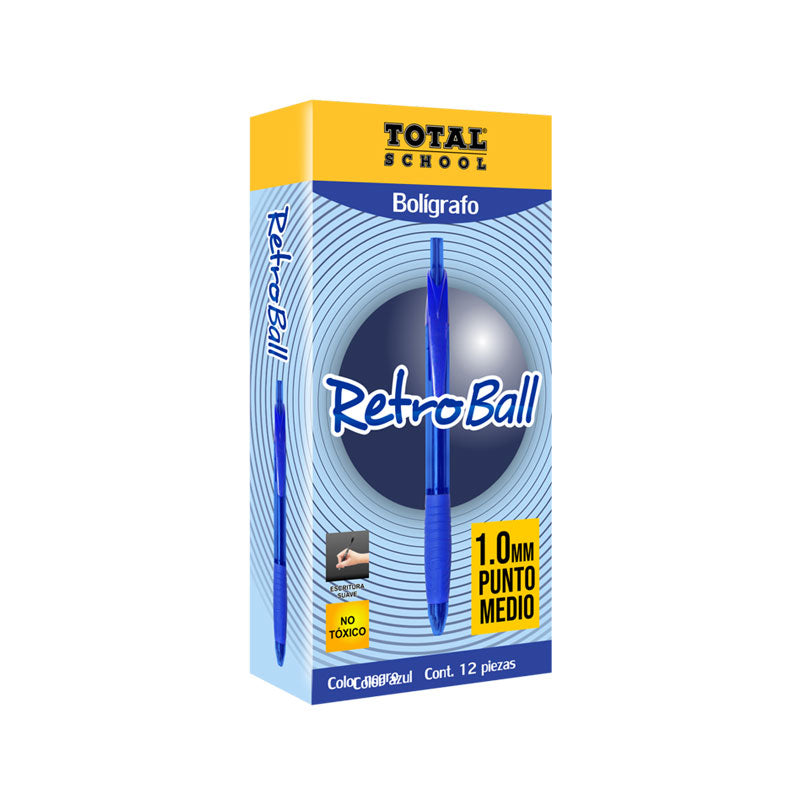 Boligrafo RetroBall Punto Medio Azul Total School C/12 pzas