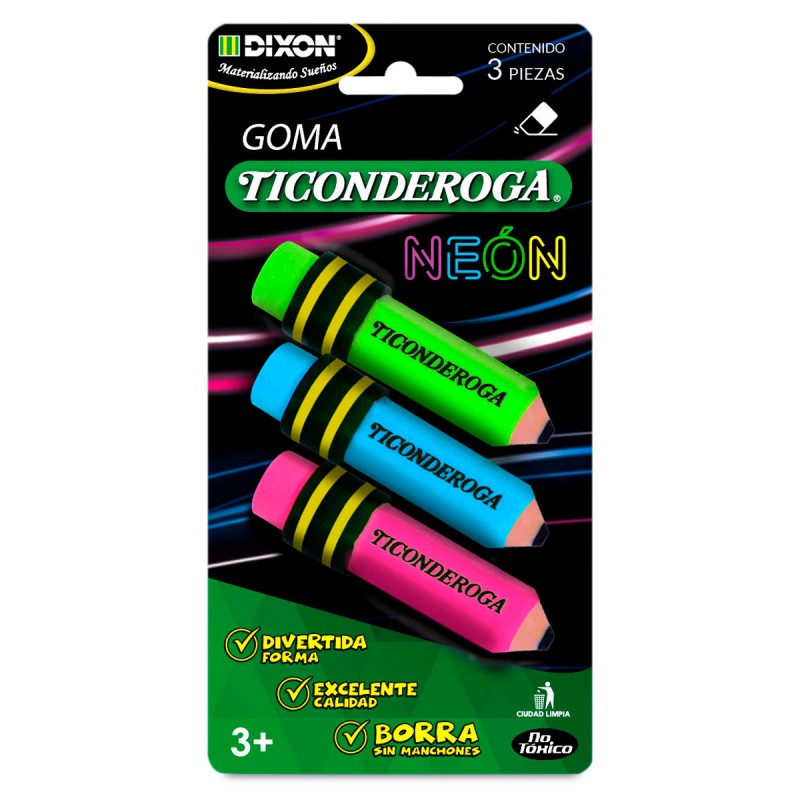 Goma Ticonderoga Neón 3 piezas Surtido Blíster Dixon