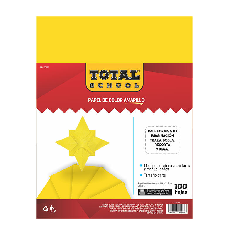 Papel Bond Carta Amarillo 100 hjs Total School