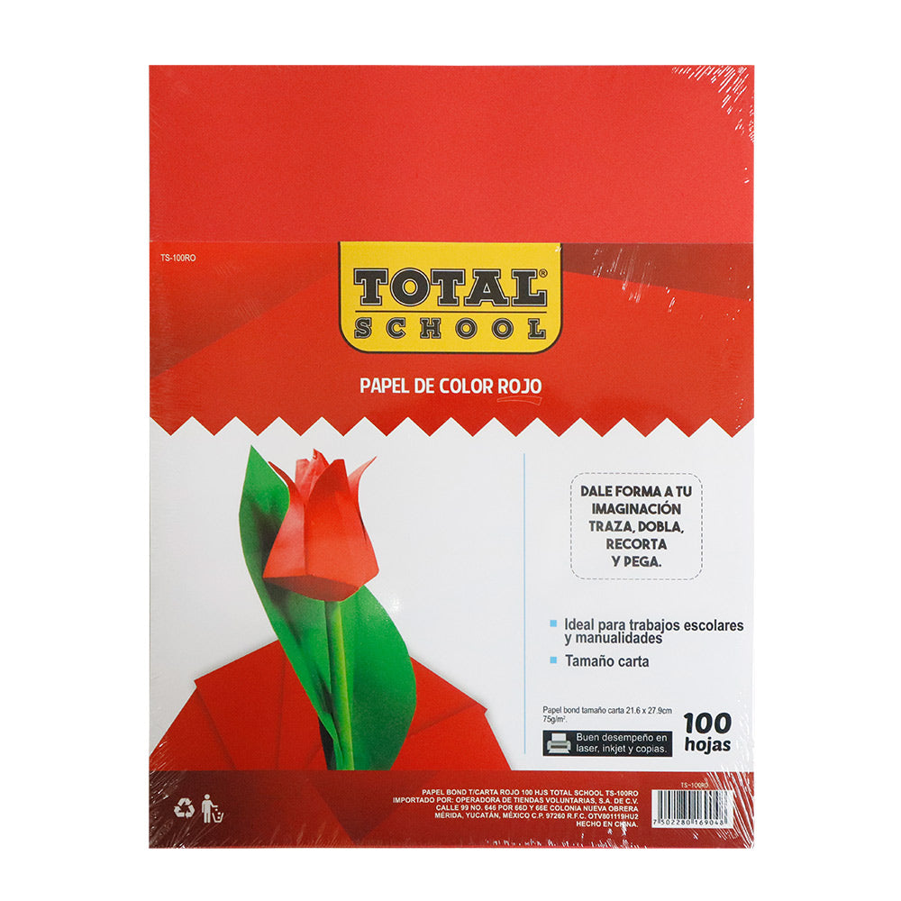 Papel Bond Carta Rojo 100 hjs Total School