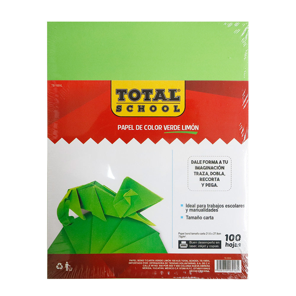 Papel Bond Carta Verde Limón 100 hjs Total School