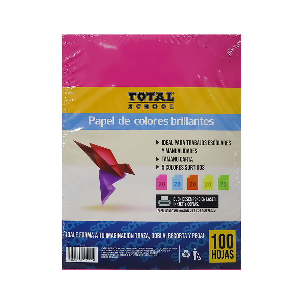 Papel Bond Carta Colores Brillantes 100 hojas Total School