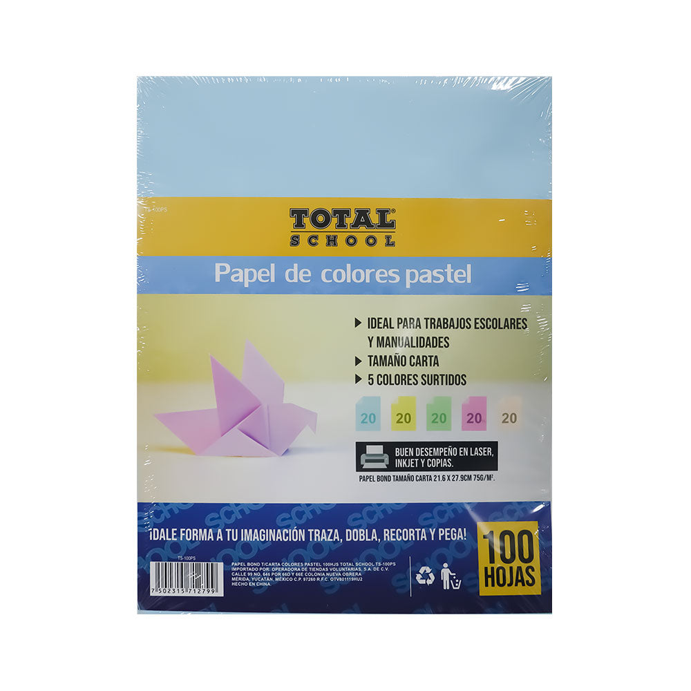 Papel Bond Carta Colores Pastel 100 hojas Total School