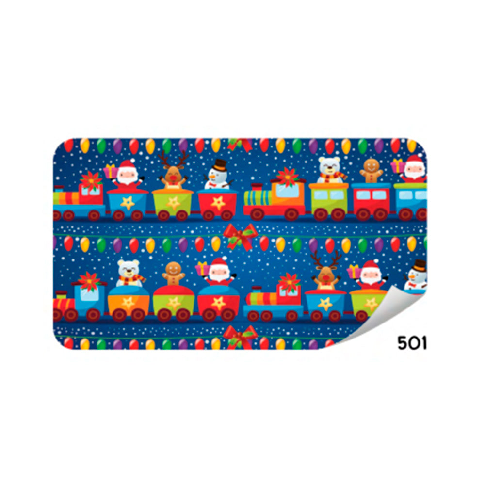 Papel de Regalo Navideño Azul Tren Personajes 75 grs Paquete/25 pzas