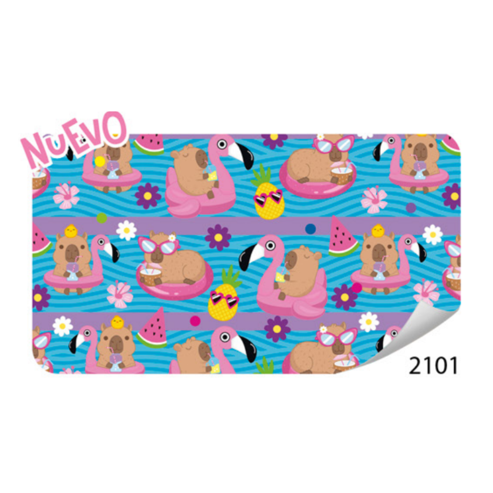 PAPEL DE REGALO CAPIBARA EN FLAMINGO FONDO AZUL 70X50 CM PLIEGO CREEAR 2101
