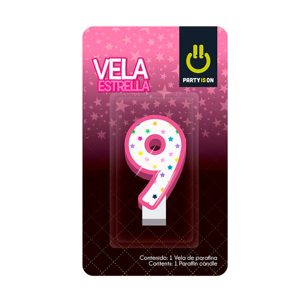 Vela Numérica Estrella Rosa #9 Party Is On C/1 pza Fasemex