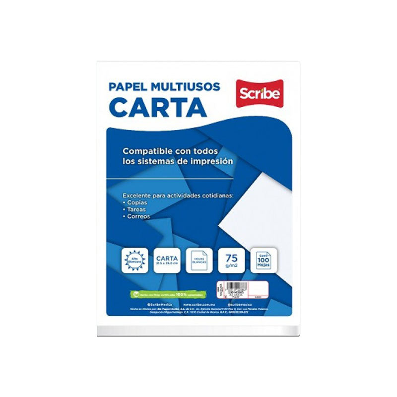 Papel Bond Carta Blanco 100 hjs Multiusos Scribe