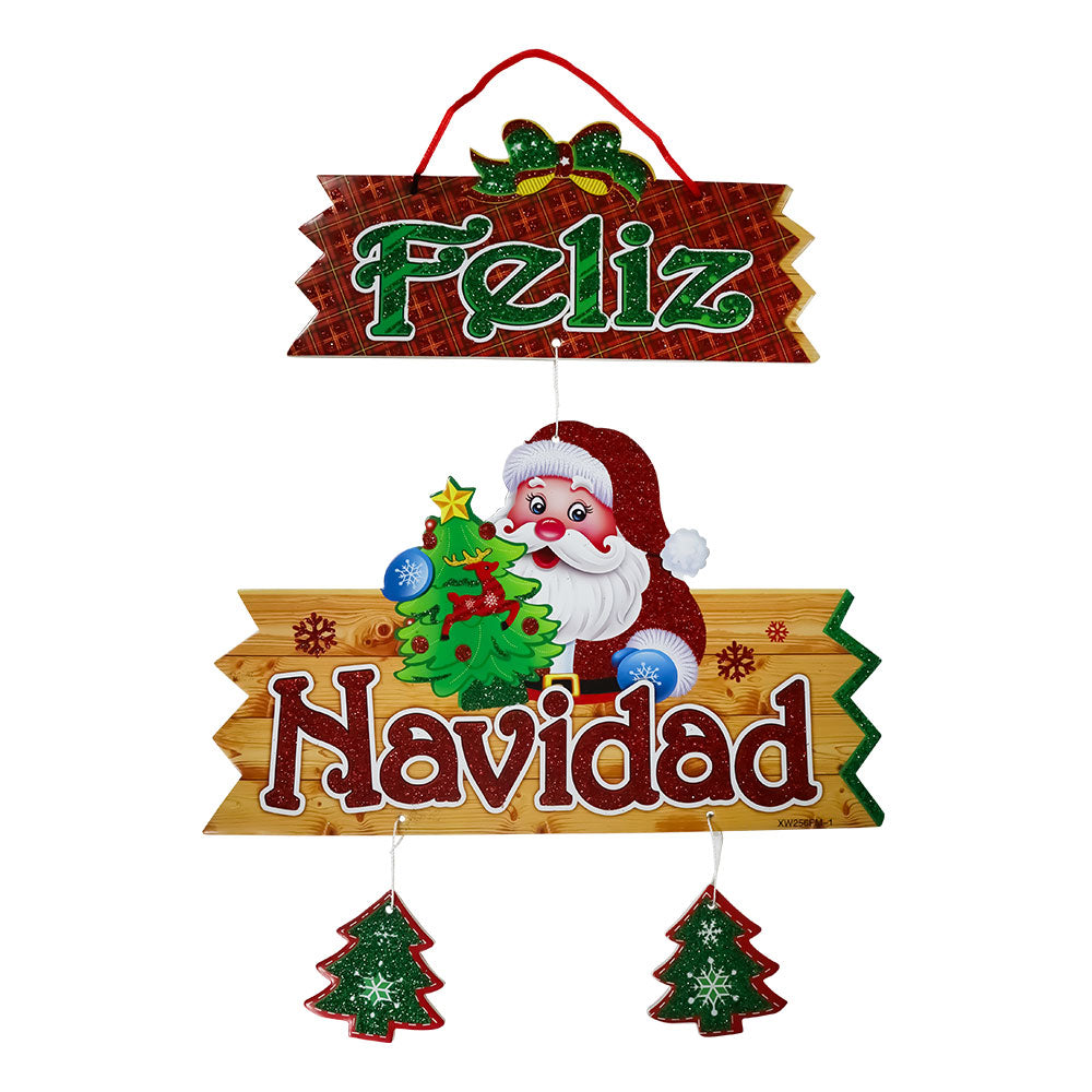 Adorno Navideño Carton Feliz Navidad Santa con Pinos 44 x 33 cm Itrade