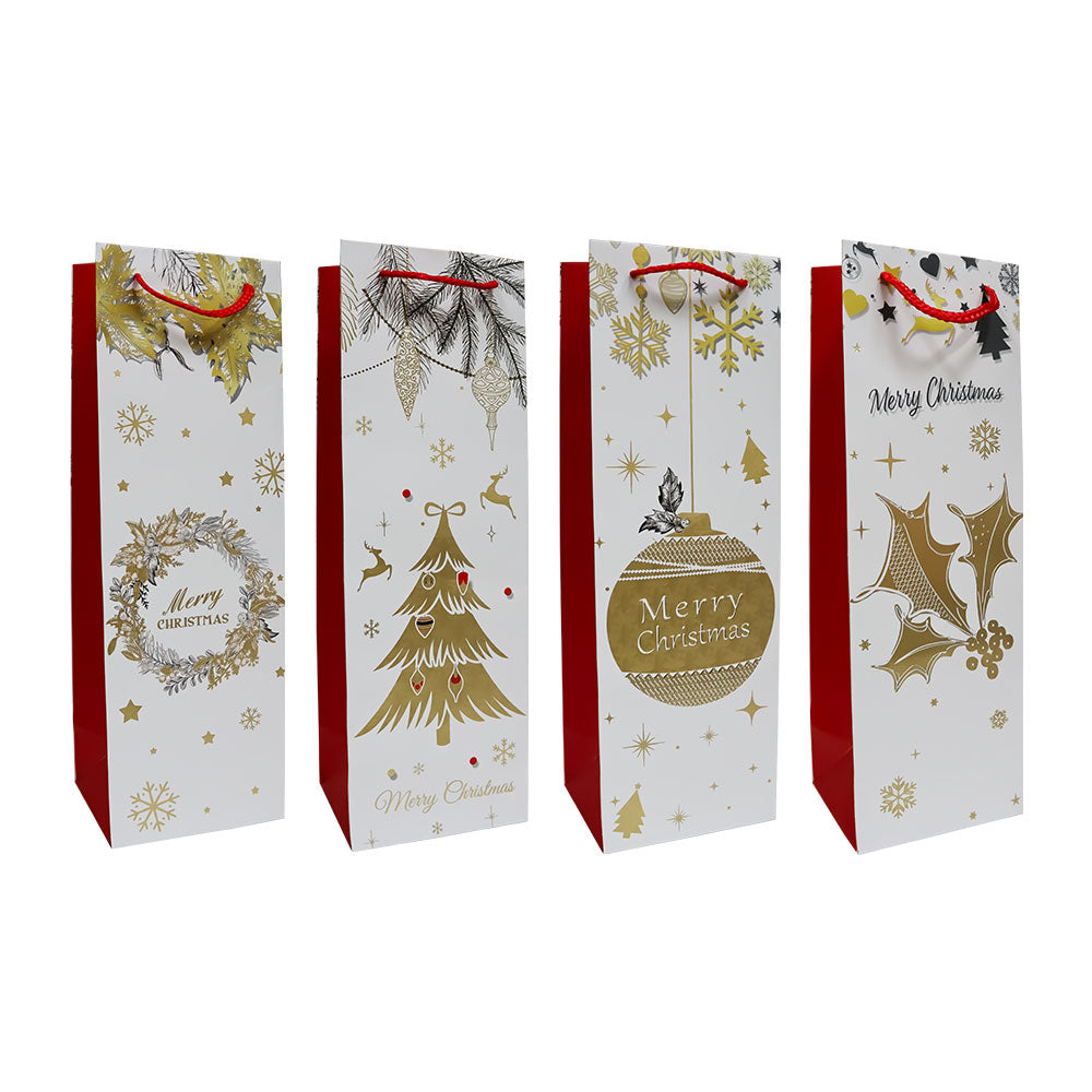 Bolsa de Regalo Navideño para Botella Blanca Estampado Dorado Varios Modelos 36 x 12 x 10 cm 1 pieza ITrade