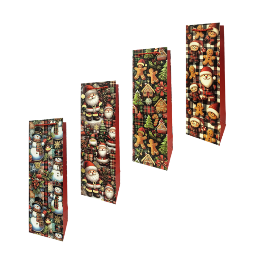 Bolsa Regalo Navideño P/Botella Navideño Cuadros Varios Modelos 36 x 12 x 10 cm ITrade