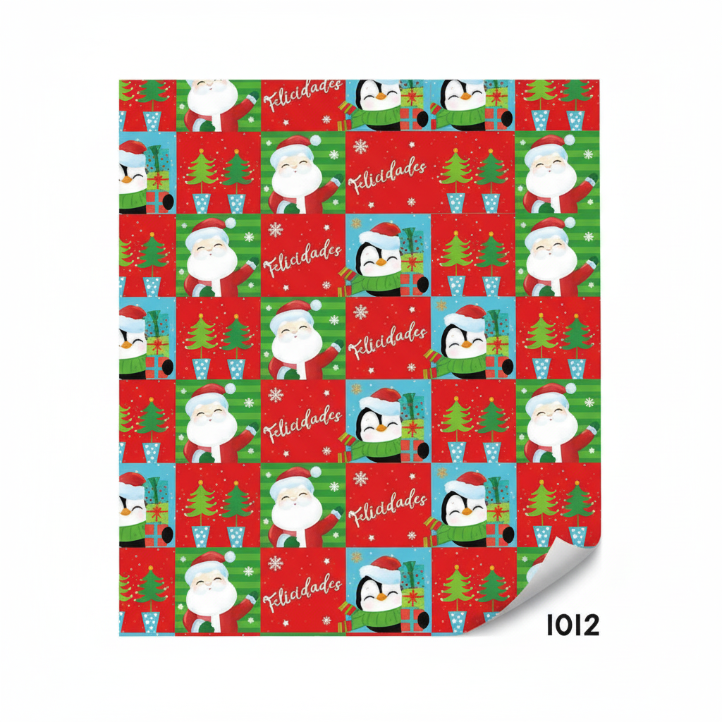 PAPEL DE REGALO NAVIDEÑO CUADROS SANTA Y PINGUINOS FONDO ROJO 70GRS CREEAR 1012